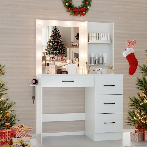 COSTWAY Makeup Bord med Spejl, 3-Farvet LED Lys, Opladningsstation, Justerbar Lysstyrke, 4 Skuffer, Hårtørrerholder Vit