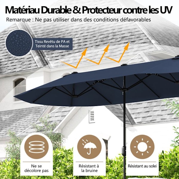COSTWAY Parasoll Dobbelt Have Rektangulær 396 x 201 x 240cm - Vægtet Base, 12 Metalspidser, til Terrasse Blå