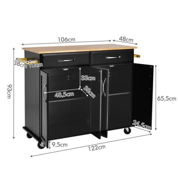 COSTWAY köksvagn på hjul - 2 lådor, 2 dubbeldörrsskåp, justerbara hyllor - Kitchen Island-vagn - svart Svart