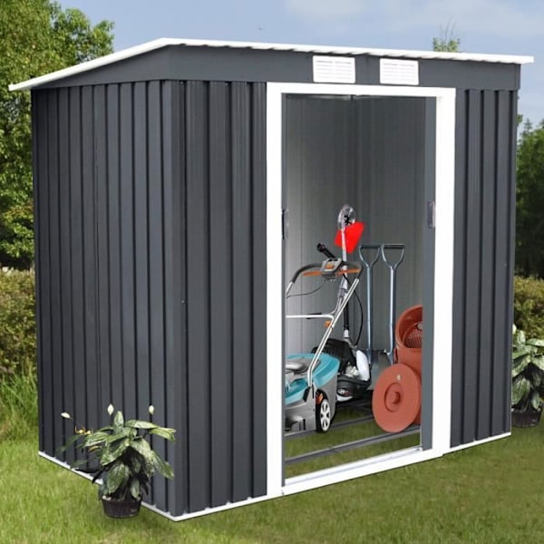Trädgårdsskjul i metall Galvaniserad plåt verktygsskjul med skjutdörr och två ventilationsfönster 213 x 130 x 173 cm