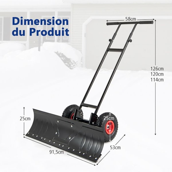 COSTWAY Metal sneskovl 91,5 cm - Tovejs vippeblad - Højde og vinkel justerbart håndtag - 2 skridsikre hjul