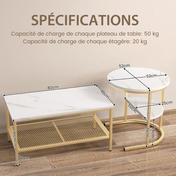 COSTWAY Sæt med 2 Skandinavisk Nesting Sofaborde - Marmor Print Sidebord - Guld Metalramme, Justerbare Fodstøtter gyllene