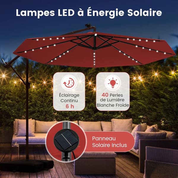 COSTWAY Parasol Déporté 3M med 40 LED-lampor Solpanel 6 timmar, Korsbas Sandsäck UV 20+ Polyester Röd