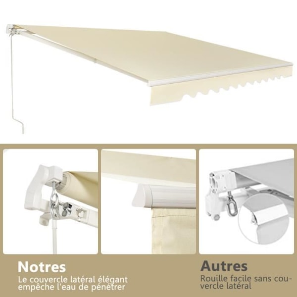 COSTWAY Store Banne de Balcon Retractable 3,6 X 3M med UV- og vandafvisende stof Aluminiumramme Justerbar vinkel 5-35° Beige