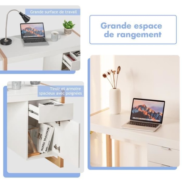 COSTWAY Computer Skrivebord Modern Style 112,5 x 50 x 75 CM 2 Skuffer, Studiebord til hjemmekontor Soveværelse Lavet af MDF Vit