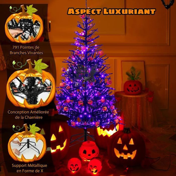 COSTWAY juletræ 183 cm med 250 lilla lys 791 PVC grene og ornamenter Halloween automatisk træ sort Svart
