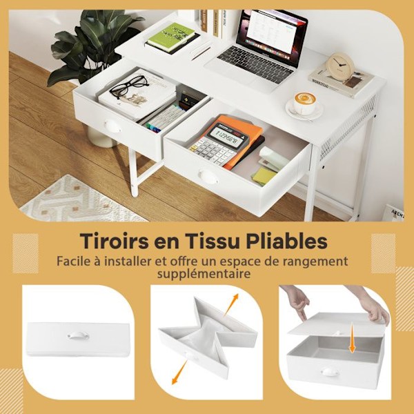 COSTWAY Computer Desk med 2 Stofskuffer - 4 Hængende Kroge 90 x 45 x 75 cm - Metalramme til Stue og Soveværelse