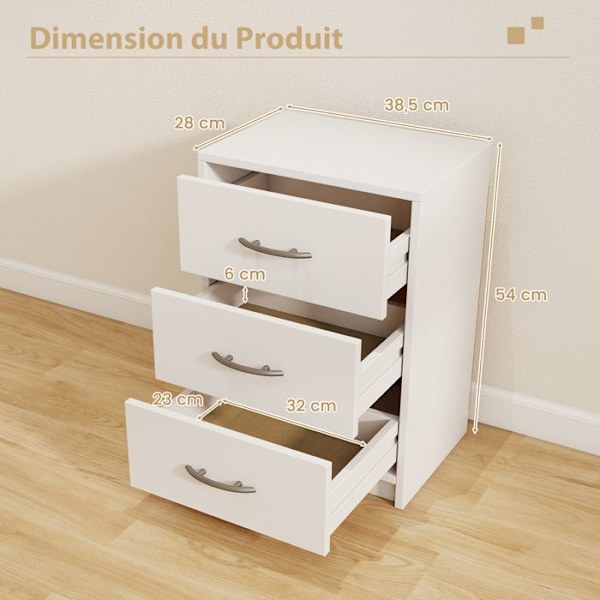 COSTWAY Sängbord med 3 lådor, 38,5 x 28 x 54 cm, Sidobord för sovrum, vardagsrum, kontor, vit Vit