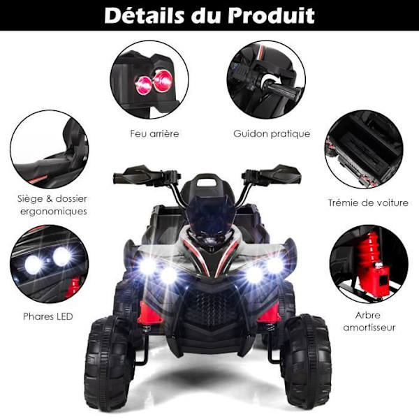 COSTWAY 12V elektrisk fyrhjuling för barn, med 6 hjul, 4 motorer, baklucka, LED, musik, berättelse, USB, 3+ år, svart Svart