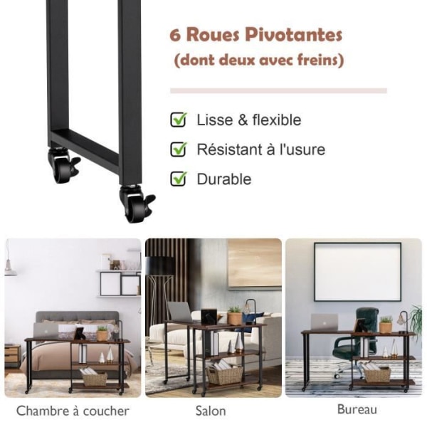 COSTWAY 360° vridbart sidobord, utdragbart skrivbord med 2 förvaringshyllor, robust metallram, 101 x 30 x 72,5 cm kastanj