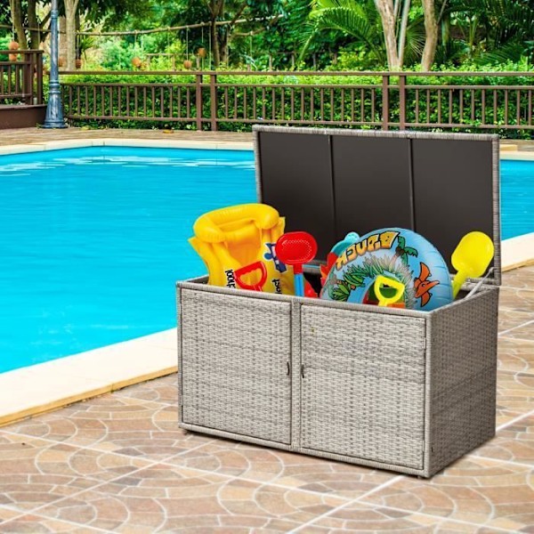 COSTWAY Haveopbevaringsboks 335L i PE Rattan, Maks 120 kg, Stålramme med 2 hylder 115 x 60 x 65 CM Grå