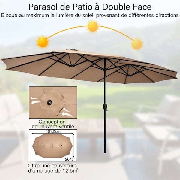 Parasol Double de Jardin XXL med 12 Ribber og 3 Ventiler - COSTWAY - Brun - 451 x 264 x 243 cm kastanj