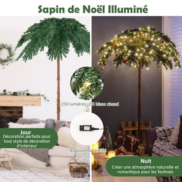 COSTWAY 180 cm Ljus upp julgran palmblad med 250 varma vita LED-lampor metallbas 813 grenar för veranda Grön