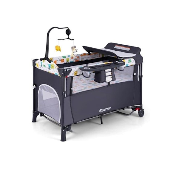 COSTWAY Babyparaplysäng med 5 i 1 hopfällbar madrass - Skötbord, speldosa - 3 leksaker - 4 justerbara armstödshöjder - Grå Grå