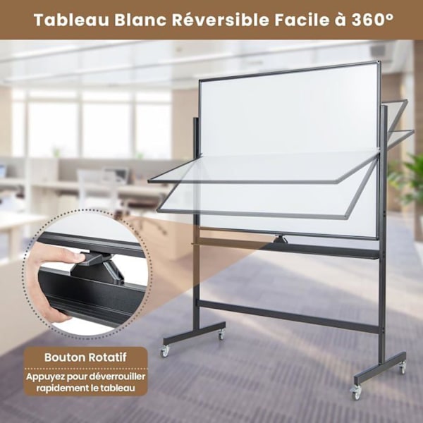 COSTWAY Magneettinen Valkotaulu 120 x 90 cm Kaksipuolinen käännettävä kuivapyyhkäisy 2 säädettävää korkeutta 4 liikkuvaa pyörää musta