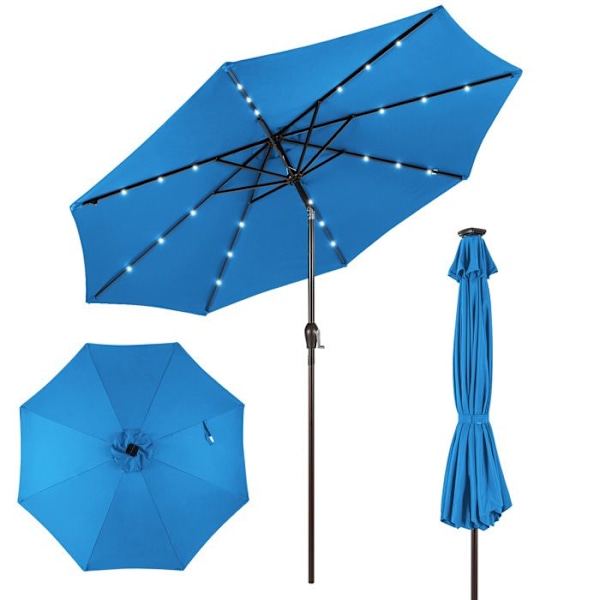 Parasol i Haven Med Skæv Tilt COSTWAY - 24 LED-lys - Dia.3x2,5M - Robust Metalstruktur - UV-beskyttelse - Blå