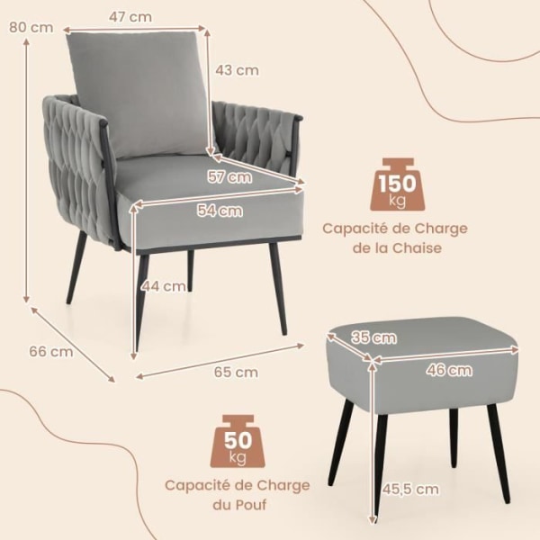 COSTWAY Relax-fåtölj med ottomanskt fotstöd, kudde, ryggstöd och vävda armstöd, i holländsk sammet, 66x65x80 cm, grå Grå