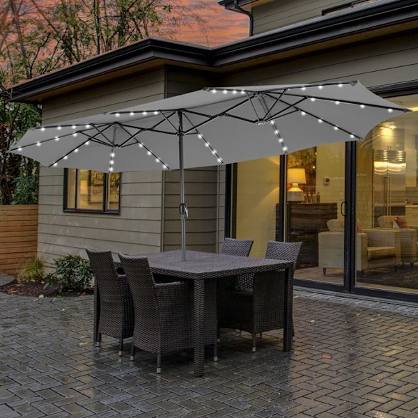 Dobbelt XXL Haveparasol 48 LED - COSTWAY - 470 x 280 x 246 cm - Base og Sandpose - Solpanel - Rektangulær Grå