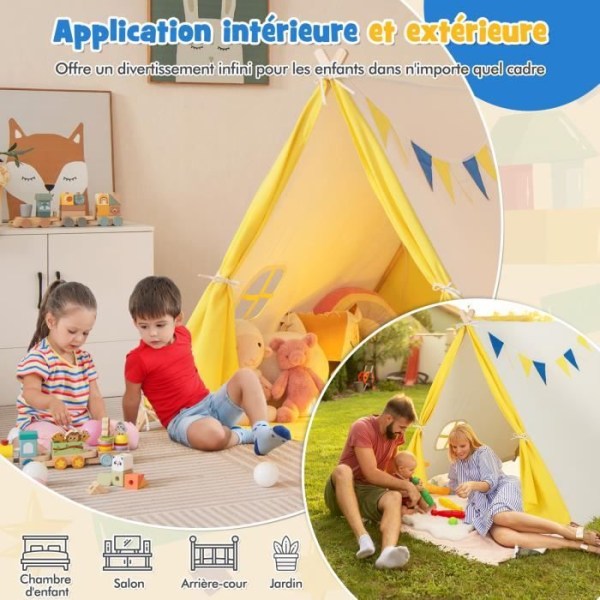 COSTWAY tipi-tält för barn i bomull med dekorativa flaggor och fönsterstabil träkonstruktion, inomhus och utomhus