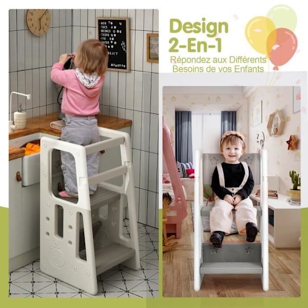 COSTWAY Toddler Learning Tower 3 säädettävää korkeutta ja liukumaton jalkatuki HDPE Double turvakaiteet harmaa Grå Vit