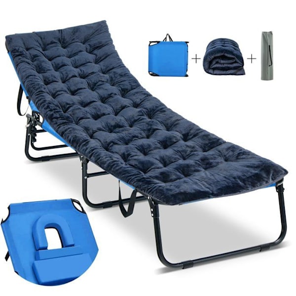 COSTWAY Fällbar Chaise Longue med Campingmadrass i Sammet, Justerbart Huvudstöd i 5 Positioner, 194x63x37cm, 160kg, Blå Blå