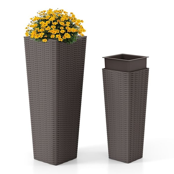 COSTWAY Sæt af 2 Blomsterkrukker, Fjernbare Indendørs Kasser, Drænhuller, Dekorativ Rattan PP Urtepotte, Kaffe Kaffe