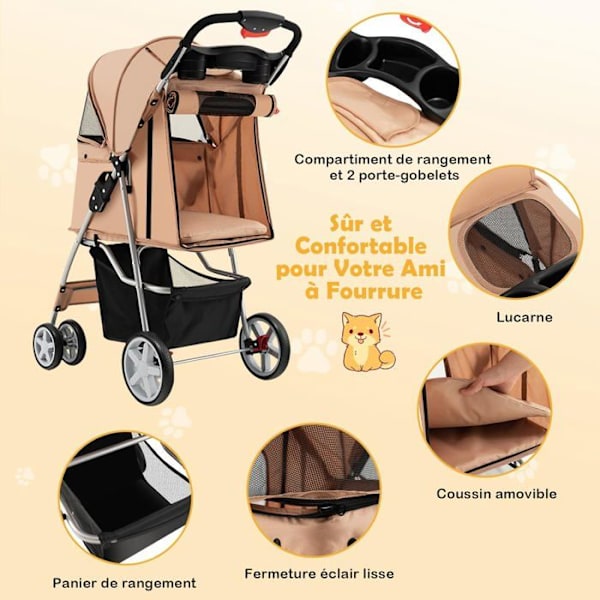 COSTWAY Foldbar Pet Buggy Klapvogn 4 Hjul Belastning 15KG Katte/Hundevogn med kopholder og opbevaringskurv Beige