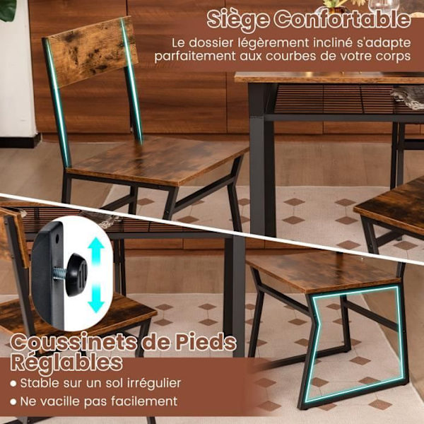 COSTWAY 5-delat matbordsset med 4 industristolar, förvaringshylla, metallstomme, 110 x 70 x 75 cm rustikt brunt