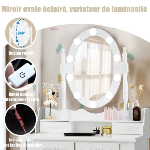 COSTWAY Sminkbord Sminkbord med pall - 360° vridbar oval spegel, justerbar glödlampa i 3 färger, 4 lådor - vit