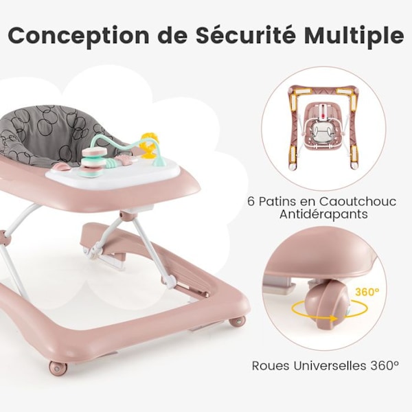 COSTWAY 3 i 1 hopfällbar Baby Walker-3 Justerbar i höjdled-Bekväm vadderad sits-avtagbar leksaksbricka-24 månader 12kg-Rosa