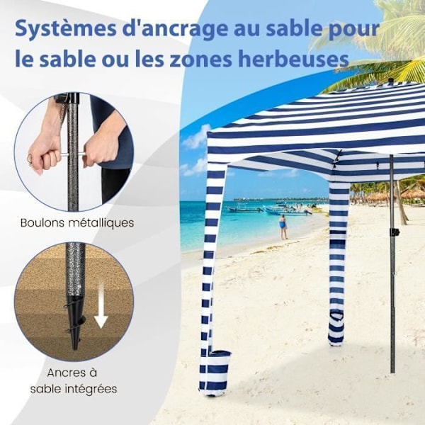 Fällbart Strandtält 3,5m² COSTWAY-3 Justerbar Höjd-Avtagbar Sidovägg-8 Sandsäckar-Vattentåligt Polyester Tyg-Blå + Vit