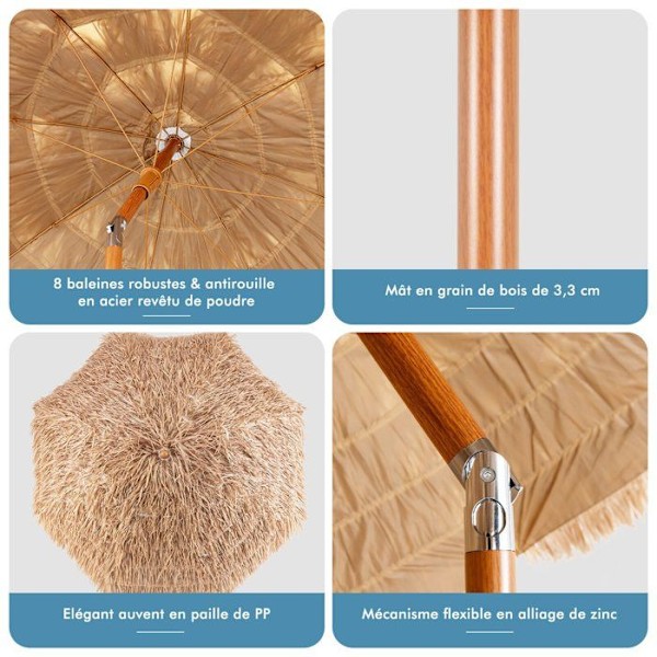 COSTWAY Hawaiian Tilting Beach Paraply - Ø220 x H213,5 cm - 7-lagers PP halmtak - 8 ribbor - 30° justerbar Naturlig