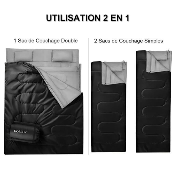 Dobbelt sovepose til 2 personer 220 x 150CM med 2 puder og vandtæt transporttaske til camping og vandreture sort