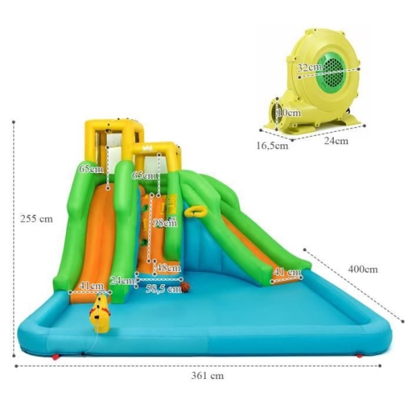 COSTWAY 5 i 1 uppblåsbart hoppborg för barn med blåsare 680W dubbelrutschkana vattenpark, klätterväggskorg, pool, vattenkanon