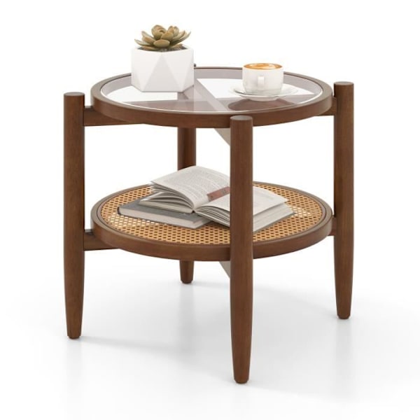 COSTWAY Rektangulære Bord i 2 Niveaux i PE-Rattan med Tempereret Glasplade og Akacietræsfødder, 56 x 56 x 46 cm, Brun
