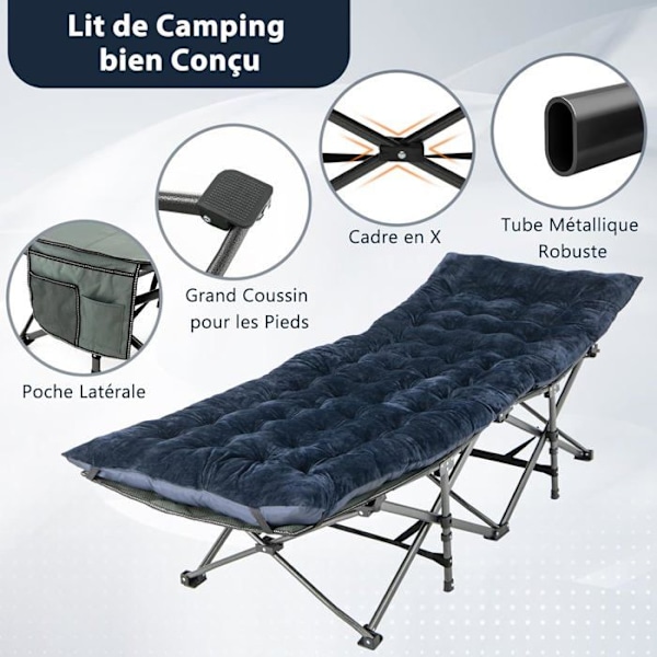 COSTWAY Velvet campingmadras, 190 x 70 x 7 cm, med 4 fastgørelsesstropper Sengefastgørelseslomme, rejsevandring, blå