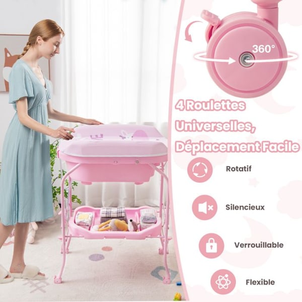 COSTWAY Skiftedragt Baby-Vask 20L 4 i 1 Sammenklappelig 4 Hjul, Slange 1m, Opbevaringsbakke Vandtæt PVC Pude 35Kg Rosa