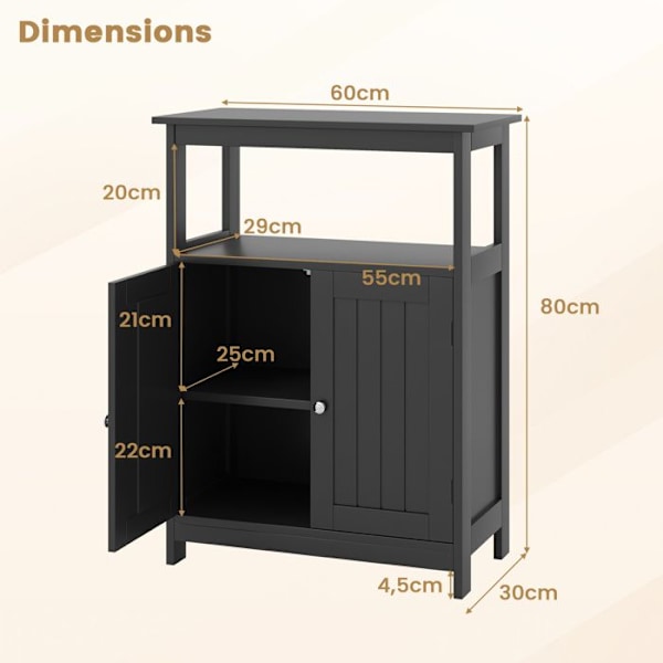 COSTWAY Badeværelse Skab med 2 Døre, Rum og Justerbar Hylde, til Stue, Entré, Køkken, 60x30x80 cm Sort