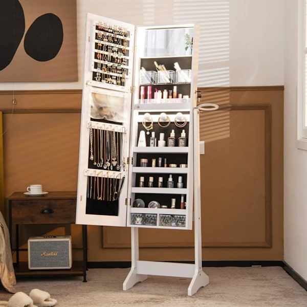 COSTWAY Fritstående smykkegarderobe med fuldlængde spejl og 3 farver LED, låsbar, til soveværelse, garderobe, hvid