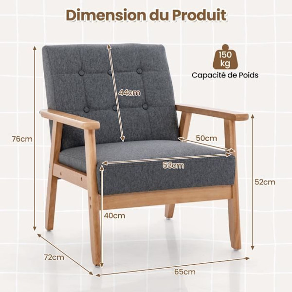 COSTWAY napitettu pehmustettu korostustuoli hengittävällä pellavakankaalla ja massiivikumirungolla, 72 x 65 x 76 cm, harmaa Grå