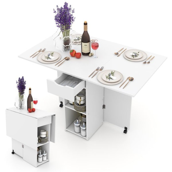 COSTWAY sammenklappeligt sidebord med 2 hjul, drop-leaf konsol, opbevaringsstativ, 2-lags skuffer, 120x72x75 cm hvid Naturvit