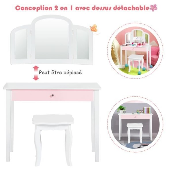COSTWAY 2-i-1 toalettbord för barn med avtagbar och hopfällbar spegel, 1 stor låda Princess Style White