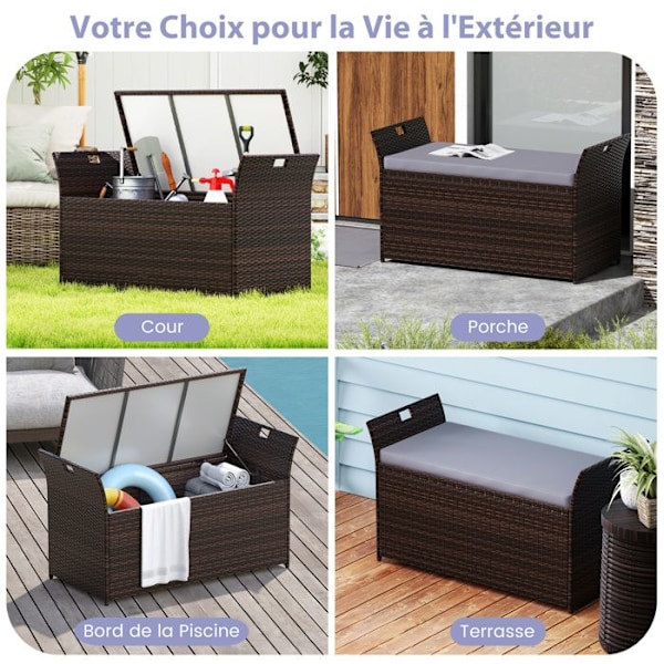 COSTWAY 260L Rattan PE Værdikasse med Pude & Låg 125 x 56 x 71 cm Tilbyder Plads til Op til 2 Personer