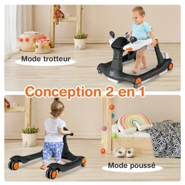 COSTWAY Musical Foldbar Baby Walker 2 i 1 justerbar højde og hastighed Lydeffekt med lys Vaskbar sædehynde Sort Flerfärgad