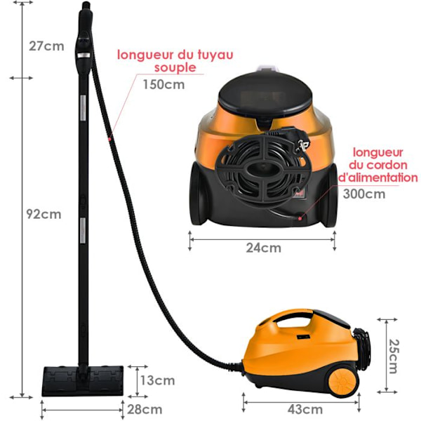 COSTWAY Dampsuger Støvsuger Multifunktionel 2000W med Tank 1,5L, 19 Tilbehør 4 BAR til Rengøring af Gulve, Tæpper, Orange