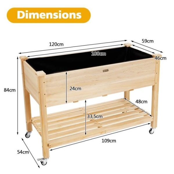 COSTWAY-istutuskone kuusen jaloilla 120x59x84 cm kasvimaa pyörillä, suojaava vuori ja 4 tyhjennysreikää