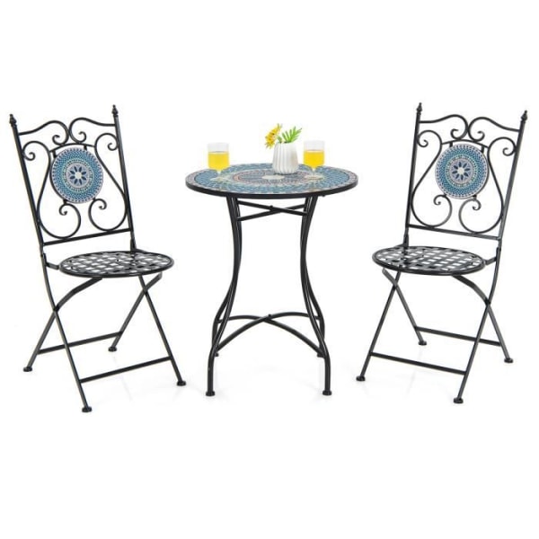 COSTWAY 3 st Metall Trädgårdsmöbler Set - Runt bordsset och 2 hopfällbara stolar - Mosaik mönstrad keramikskiva