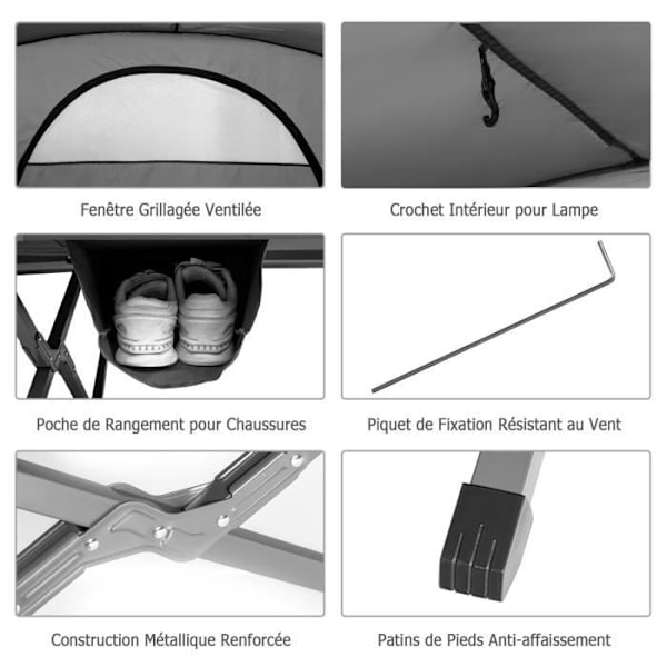 COSTWAY 2-personers upphöjt campingtält Självuppblåsande madrass Bärväska Hjulförsedd Flysheet Lampkrok Grå