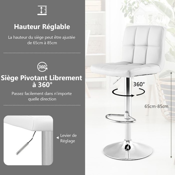 COSTWAY PU Läder Barpall, Justerbar Sitthöjd 65-85cm Upphöjd rygg Halkfri metallbas, Vit