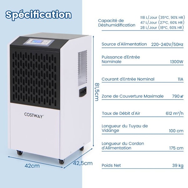 Professionell avfuktare COSTWAY-118 L-Timer 24 H-Max täckning 790M²-Automatiskt avfrostning-Auto-dränering-Kontrollpanel-Vit Vit